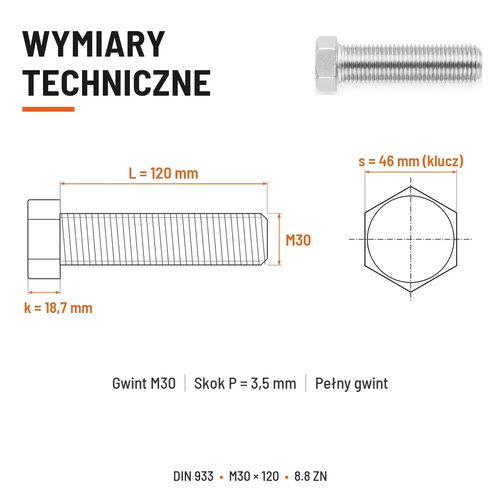 Śruba sześciokątna DIN 933 M30x120 pełny gwint 8.8 ocynkowana