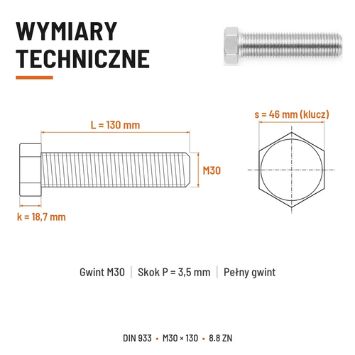 Śruba sześciokątna DIN 933 M30x130 pełny gwint 8.8 ocynkowana