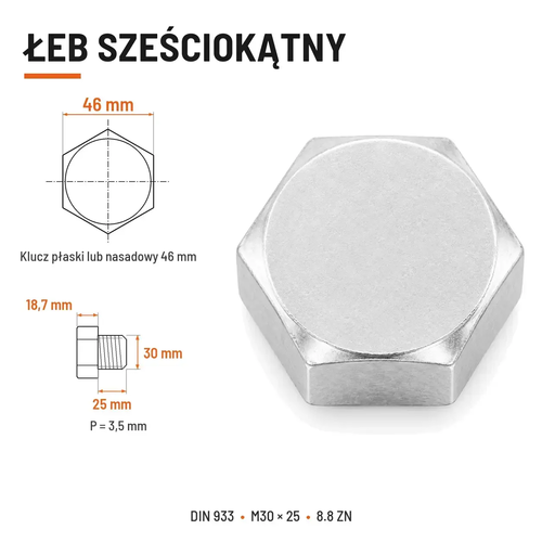 Śruba sześciokątna DIN 933 M30x25 pełny gwint 8.8 ocynkowana
