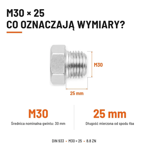 Śruba sześciokątna DIN 933 M30x25 pełny gwint 8.8 ocynkowana