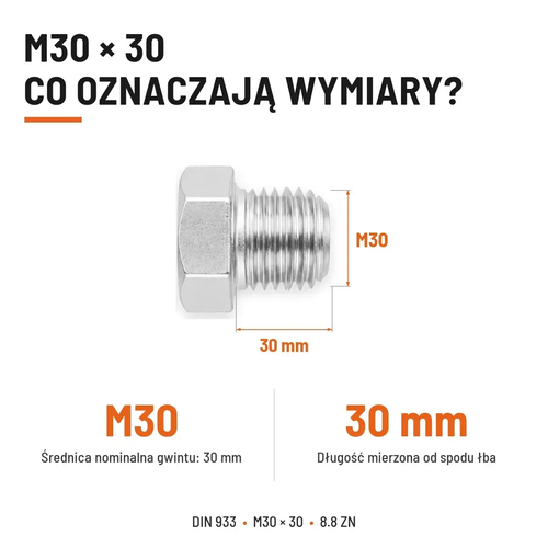 Śruba sześciokątna DIN 933 M30x30 pełny gwint 8.8 ocynkowana