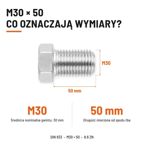 Śruba sześciokątna DIN 933 M30x50 pełny gwint 8.8 ocynkowana