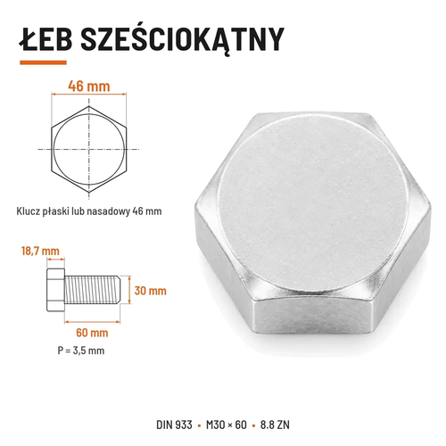 Śruba sześciokątna DIN 933 M30x60 pełny gwint 8.8 ocynkowana
