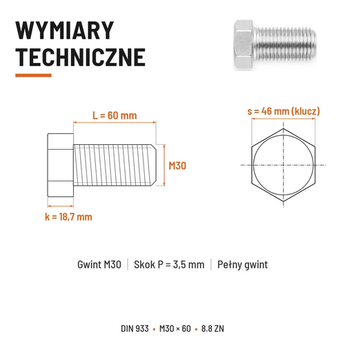 Śruba sześciokątna DIN 933 M30x60 pełny gwint 8.8 ocynkowana