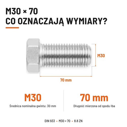 Śruba sześciokątna DIN 933 M30x70 pełny gwint 8.8 ocynkowana
