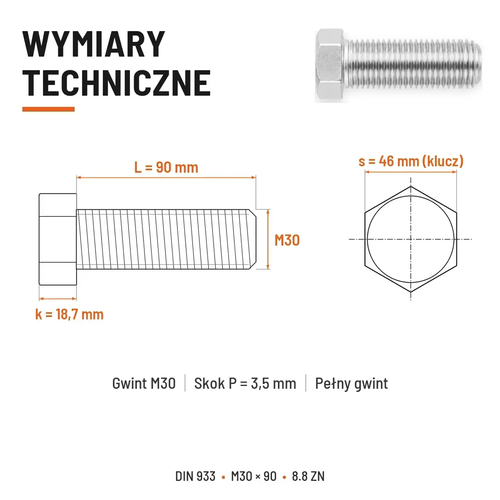 Śruba sześciokątna DIN 933 M30x90 pełny gwint 8.8 ocynkowana