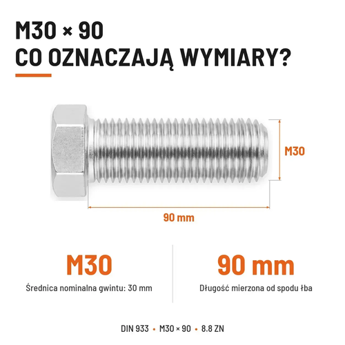 Śruba sześciokątna DIN 933 M30x90 pełny gwint 8.8 ocynkowana