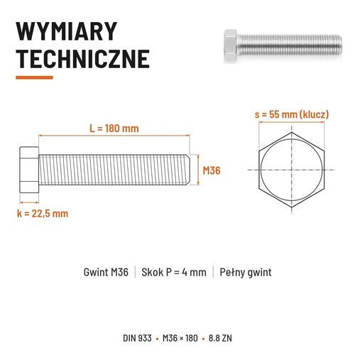 Śruba sześciokątna DIN 933 M36x180 pełny gwint 8.8 ocynkowana