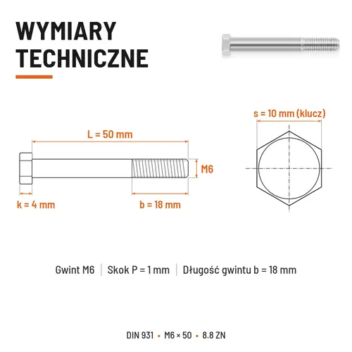 ŚRUBA SZEŚCIOKĄTNA DIN 931 M6x50 KLASA 8.8 OCYNK GALWANICZNY