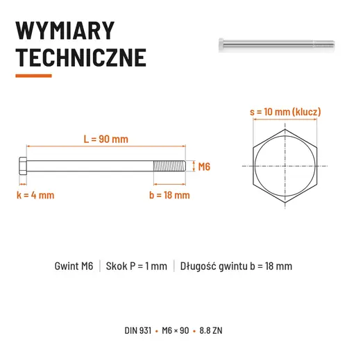 ŚRUBA SZEŚCIOKĄTNA DIN 931 M6x90 KLASA 8.8 OCYNK GALWANICZNY