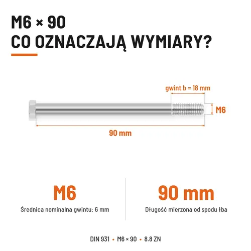 ŚRUBA SZEŚCIOKĄTNA DIN 931 M6x90 KLASA 8.8 OCYNK GALWANICZNY