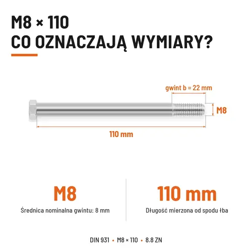 ŚRUBA SZEŚCIOKĄTNA DIN 931 M8x110 KLASA 8.8 OCYNK GALWANICZNY