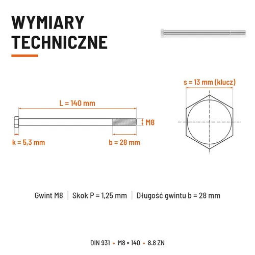 ŚRUBA SZEŚCIOKĄTNA DIN 931 M8x140 KLASA 8.8 OCYNK GALWANICZNY