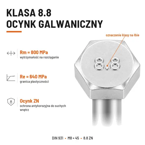 ŚRUBA SZEŚCIOKĄTNA DIN 931 M8x45 KLASA 8.8 OCYNK GALWANICZNY
