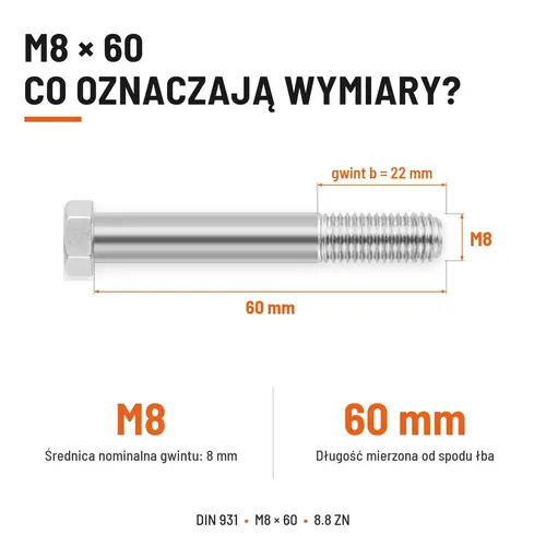 ŚRUBA SZEŚCIOKĄTNA DIN 931 M8x60 KLASA 8.8 OCYNK GALWANICZNY