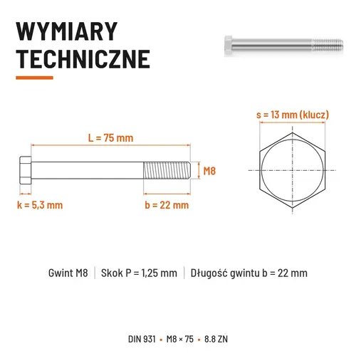 ŚRUBA SZEŚCIOKĄTNA DIN 931 M8x75 KLASA 8.8 OCYNK GALWANICZNY