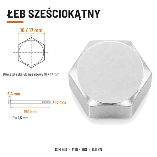 ŚRUBA SZEŚCIOKĄTNA DIN 931 M10x160 KLASA 8.8 OCYNK GALWANICZNY