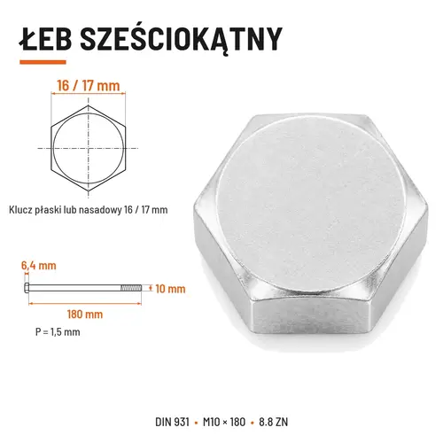 ŚRUBA SZEŚCIOKĄTNA DIN 931 M10x180 KLASA 8.8 OCYNK GALWANICZNY