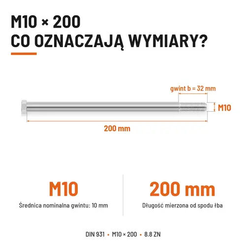 ŚRUBA SZEŚCIOKĄTNA DIN 931 M10x200 KLASA 8.8 OCYNK GALWANICZNY