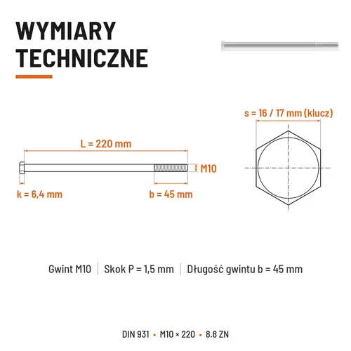 ŚRUBA SZEŚCIOKĄTNA DIN 931 M10x220 KLASA 8.8 OCYNK GALWANICZNY