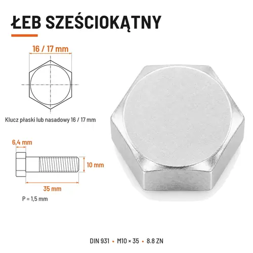 ŚRUBA SZEŚCIOKĄTNA DIN 931 M10x35 KLASA 8.8 OCYNK GALWANICZNY