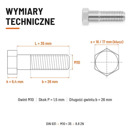 ŚRUBA SZEŚCIOKĄTNA DIN 931 M10x35 KLASA 8.8 OCYNK GALWANICZNY