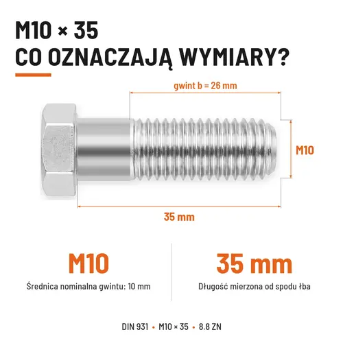 ŚRUBA SZEŚCIOKĄTNA DIN 931 M10x35 KLASA 8.8 OCYNK GALWANICZNY