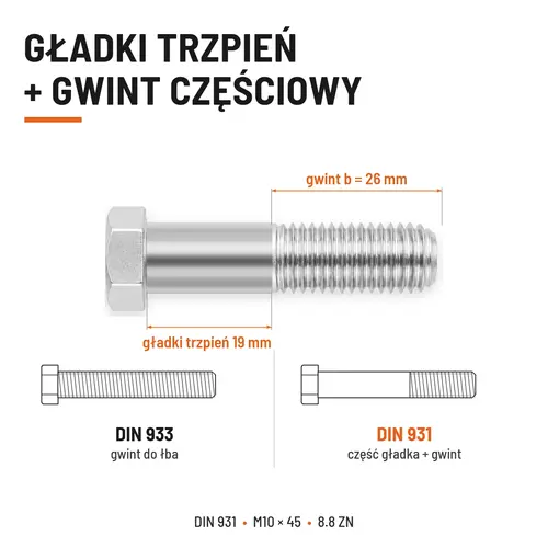 ŚRUBA SZEŚCIOKĄTNA DIN 931 M10x45 KLASA 8.8 OCYNK GALWANICZNY