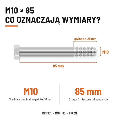 ŚRUBA SZEŚCIOKĄTNA DIN 931 M10x85 KLASA 8.8 OCYNK GALWANICZNY