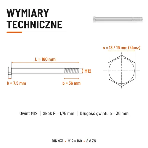 ŚRUBA SZEŚCIOKĄTNA DIN 931 M12x160 KLASA 8.8 OCYNK GALWANICZNY