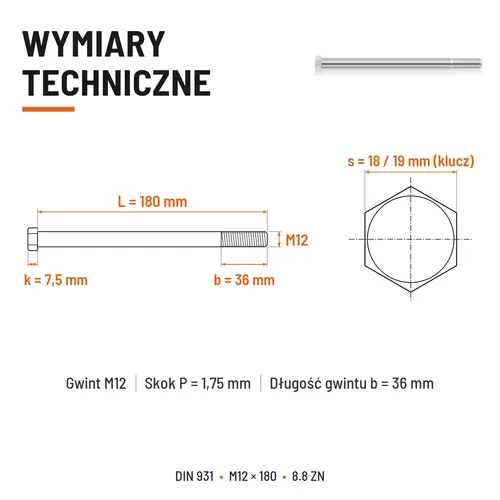 ŚRUBA SZEŚCIOKĄTNA DIN 931 M12x180 KLASA 8.8 OCYNK GALWANICZNY