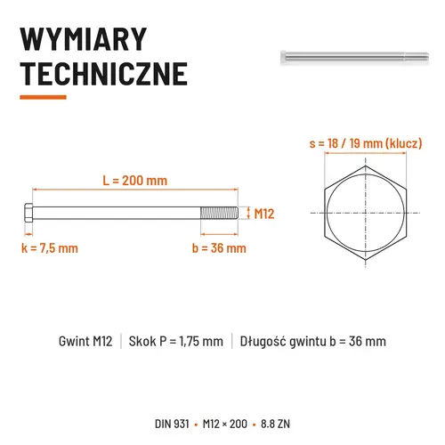 ŚRUBA SZEŚCIOKĄTNA DIN 931 M12x200 KLASA 8.8 OCYNK GALWANICZNY