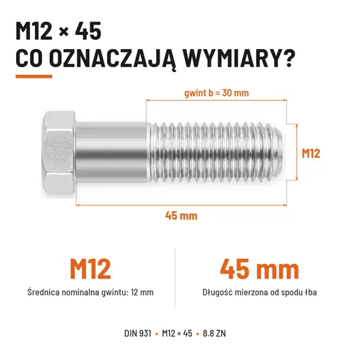 ŚRUBA SZEŚCIOKĄTNA DIN 931 M12x45 KLASA 8.8 OCYNK GALWANICZNY