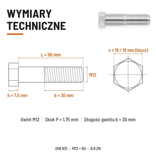 ŚRUBA SZEŚCIOKĄTNA DIN 931 M12x50 KLASA 8.8 OCYNK GALWANICZNY