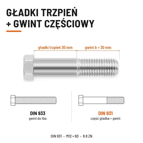 ŚRUBA SZEŚCIOKĄTNA DIN 931 M12x60 KLASA 8.8 OCYNK GALWANICZNY