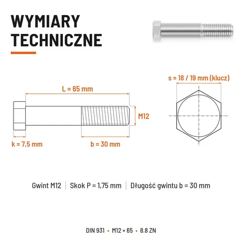 ŚRUBA SZEŚCIOKĄTNA DIN 931 M12x65 KLASA 8.8 OCYNK GALWANICZNY