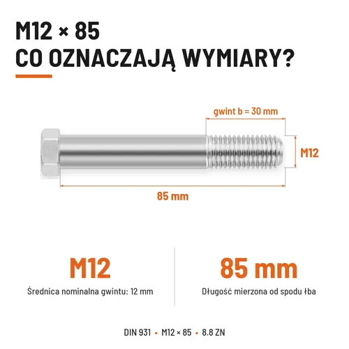 ŚRUBA SZEŚCIOKĄTNA DIN 931 M12x85 KLASA 8.8 OCYNK GALWANICZNY