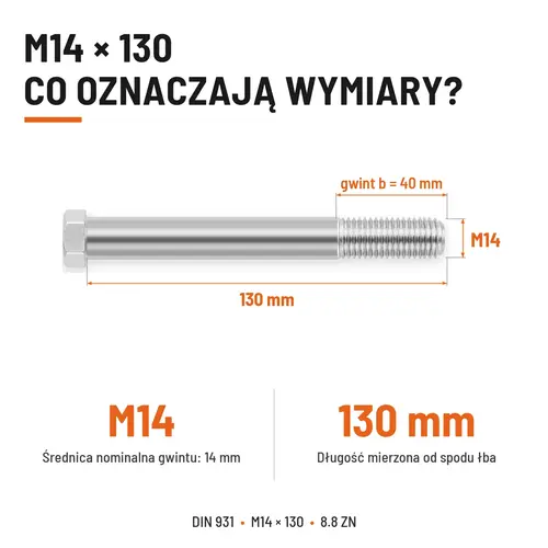 ŚRUBA SZEŚCIOKĄTNA DIN 931 M14x130 KLASA 8.8 OCYNK GALWANICZNY
