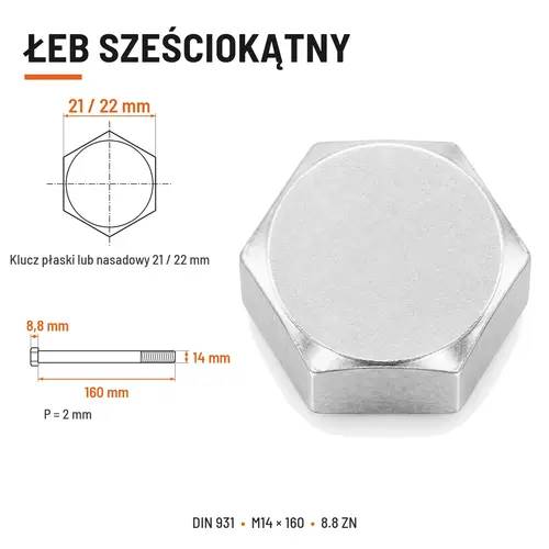 ŚRUBA SZEŚCIOKĄTNA DIN 931 M14x160 KLASA 8.8 OCYNK GALWANICZNY