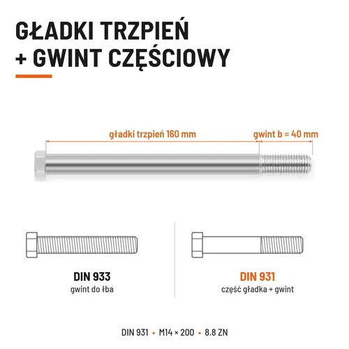 ŚRUBA SZEŚCIOKĄTNA DIN 931 M14x200 KLASA 8.8 OCYNK GALWANICZNY