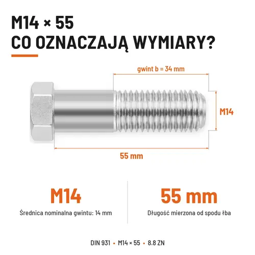 ŚRUBA SZEŚCIOKĄTNA DIN 931 M14x55 KLASA 8.8 OCYNK GALWANICZNY