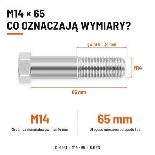 ŚRUBA SZEŚCIOKĄTNA DIN 931 M14x65 KLASA 8.8 OCYNK GALWANICZNY