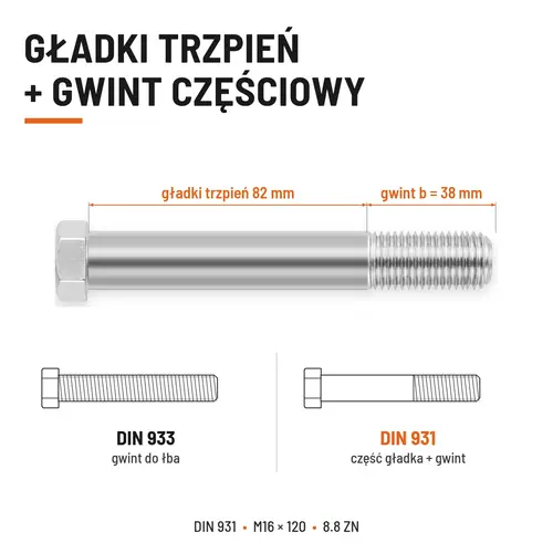 ŚRUBA SZEŚCIOKĄTNA DIN 931 M16x120 KLASA 8.8 OCYNK GALWANICZNY