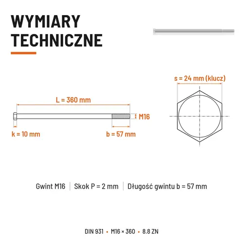 ŚRUBA SZEŚCIOKĄTNA DIN 931 M16x360 KLASA 8.8 OCYNK GALWANICZNY