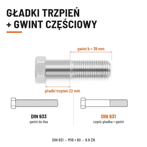 ŚRUBA SZEŚCIOKĄTNA DIN 931 M16x60 KLASA 8.8 OCYNK GALWANICZNY