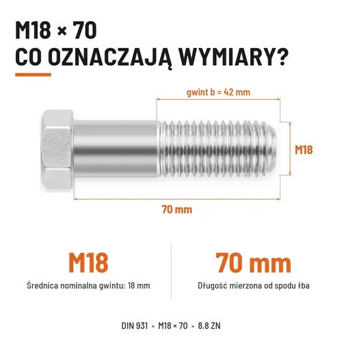 ŚRUBA SZEŚCIOKĄTNA DIN 931 M18x70 KLASA 8.8 OCYNK GALWANICZNY