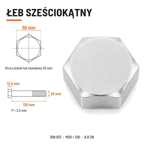 ŚRUBA SZEŚCIOKĄTNA DIN 931 M20x120 KLASA 8.8 OCYNK GALWANICZNY