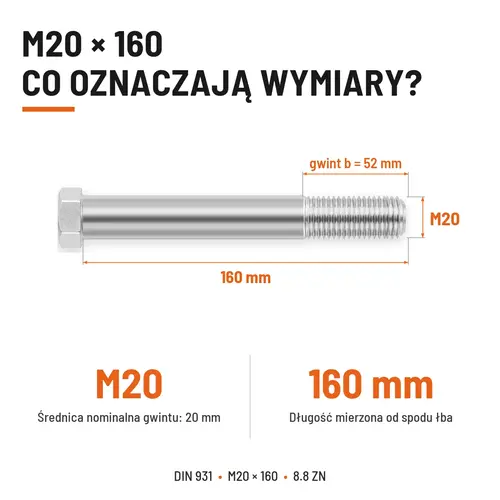 ŚRUBA SZEŚCIOKĄTNA DIN 931 M20x160 KLASA 8.8 OCYNK GALWANICZNY