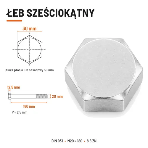ŚRUBA SZEŚCIOKĄTNA DIN 931 M20x180 KLASA 8.8 OCYNK GALWANICZNY