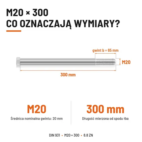 ŚRUBA SZEŚCIOKĄTNA DIN 931 M20x300 KLASA 8.8 OCYNK GALWANICZNY